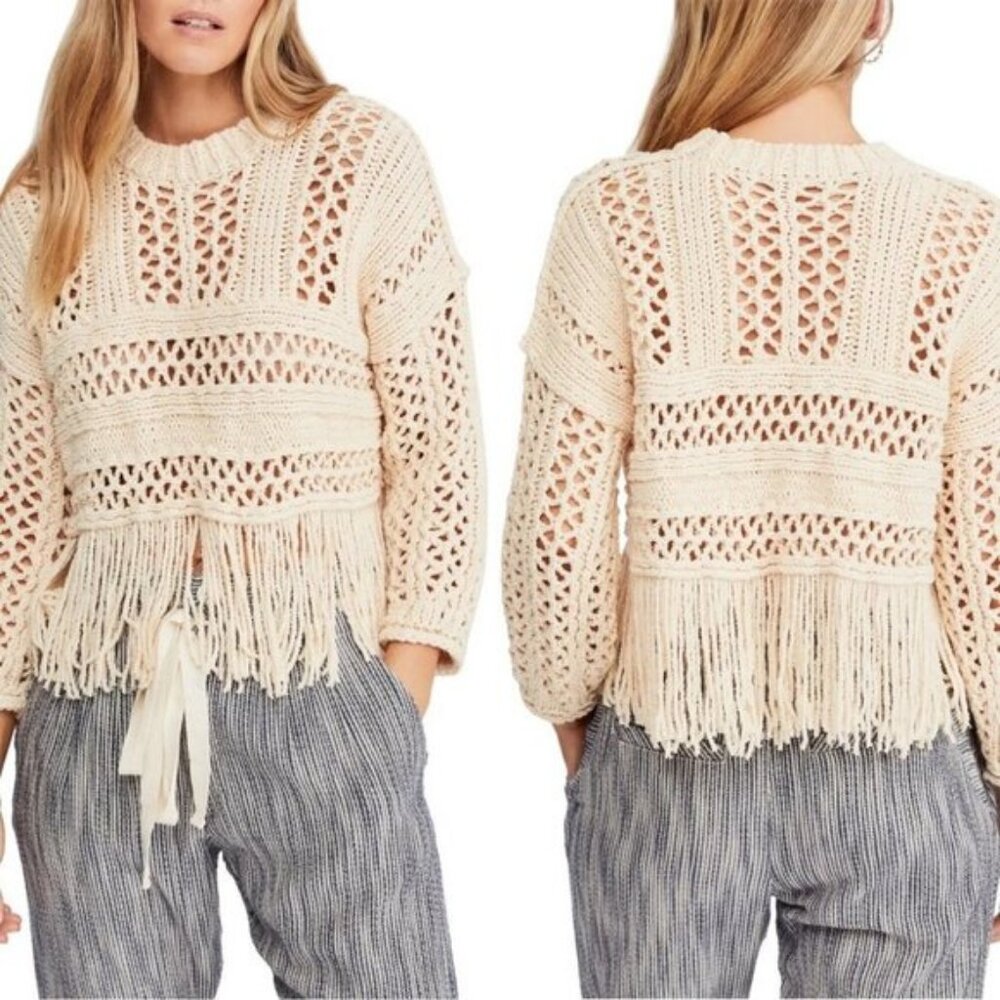 NWT Free People Higher Love Crochet Knit Fringe Boho Sweater Size Medium Hippie - Picture 4 of 6